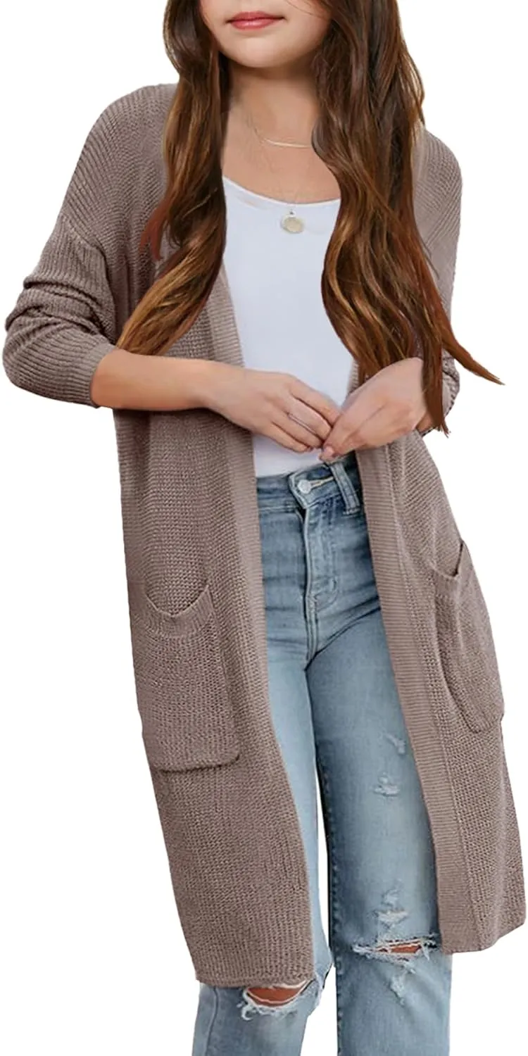 Girl's Open Front Cardigan Long Sleeve Knit Sweaters Lightweight Summer Solid Loose Outerwear Coats with Pockets