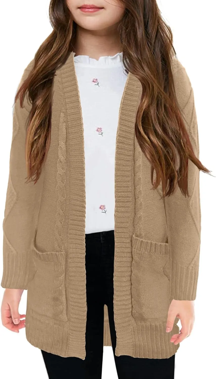 Girls Open Front Cardigan Midi Length Long Sleeve Knit Sweater School Uniform Sweater Outwears with Pockets 5-14 Years