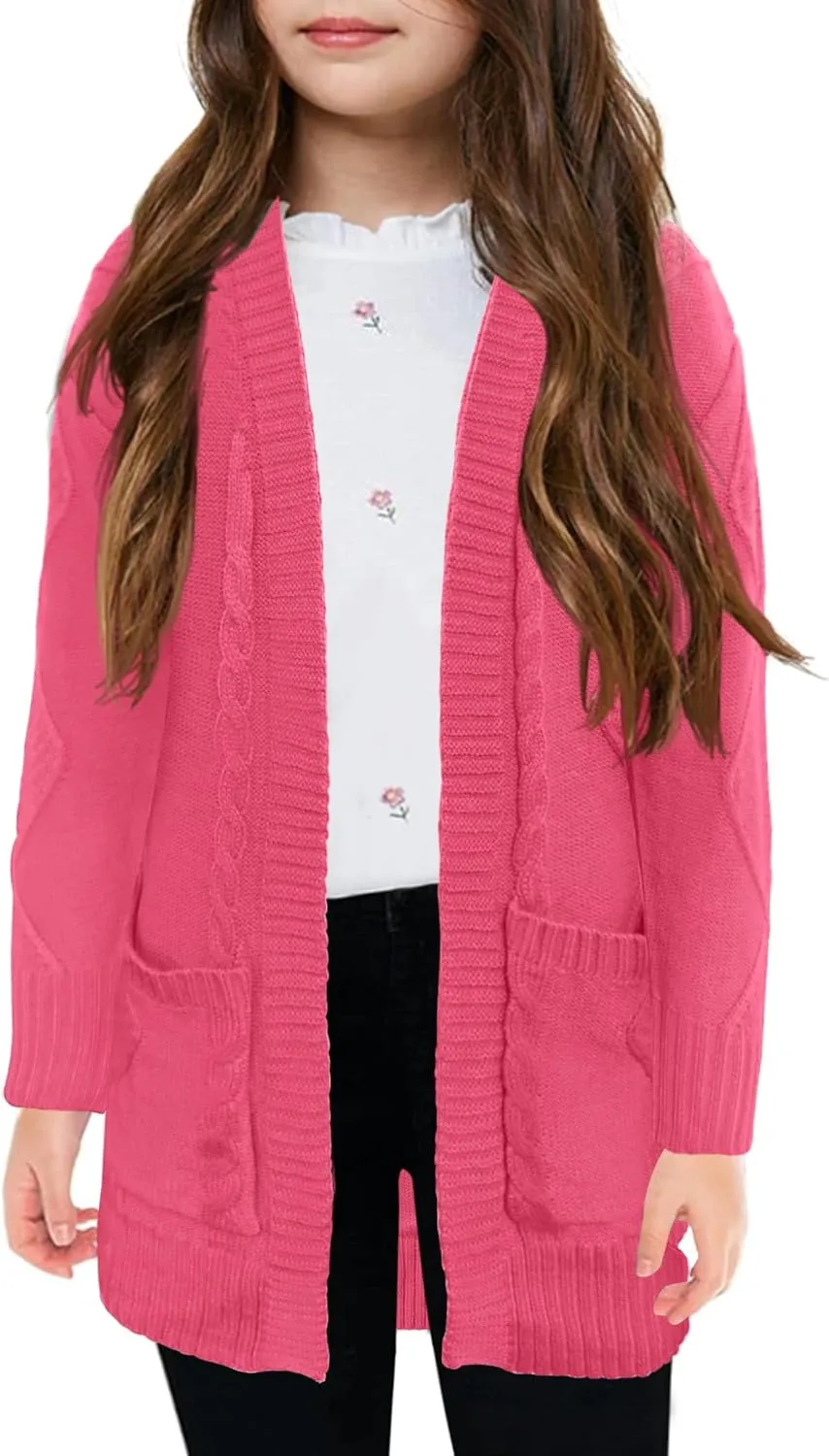Girls Open Front Cardigan Midi Length Long Sleeve Knit Sweater School Uniform Sweater Outwears with Pockets 5-14 Years