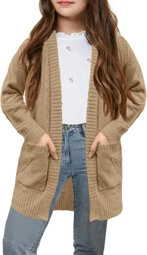 Girls Open Front Cardigan Midi Length Long Sleeve Knit Sweater School Uniform Sweater Outwears with Pockets 5-14 Years