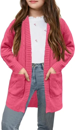 Girls Open Front Cardigan Midi Length Long Sleeve Knit Sweater School Uniform Sweater Outwears with Pockets 5-14 Years