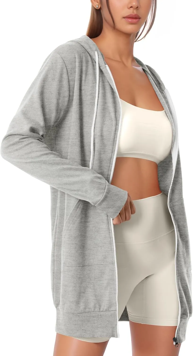 GIVON Womens Zip Up Long Tunic Hoodie Sweatshirt Lightweight Regular Fit Jacket with Pockets