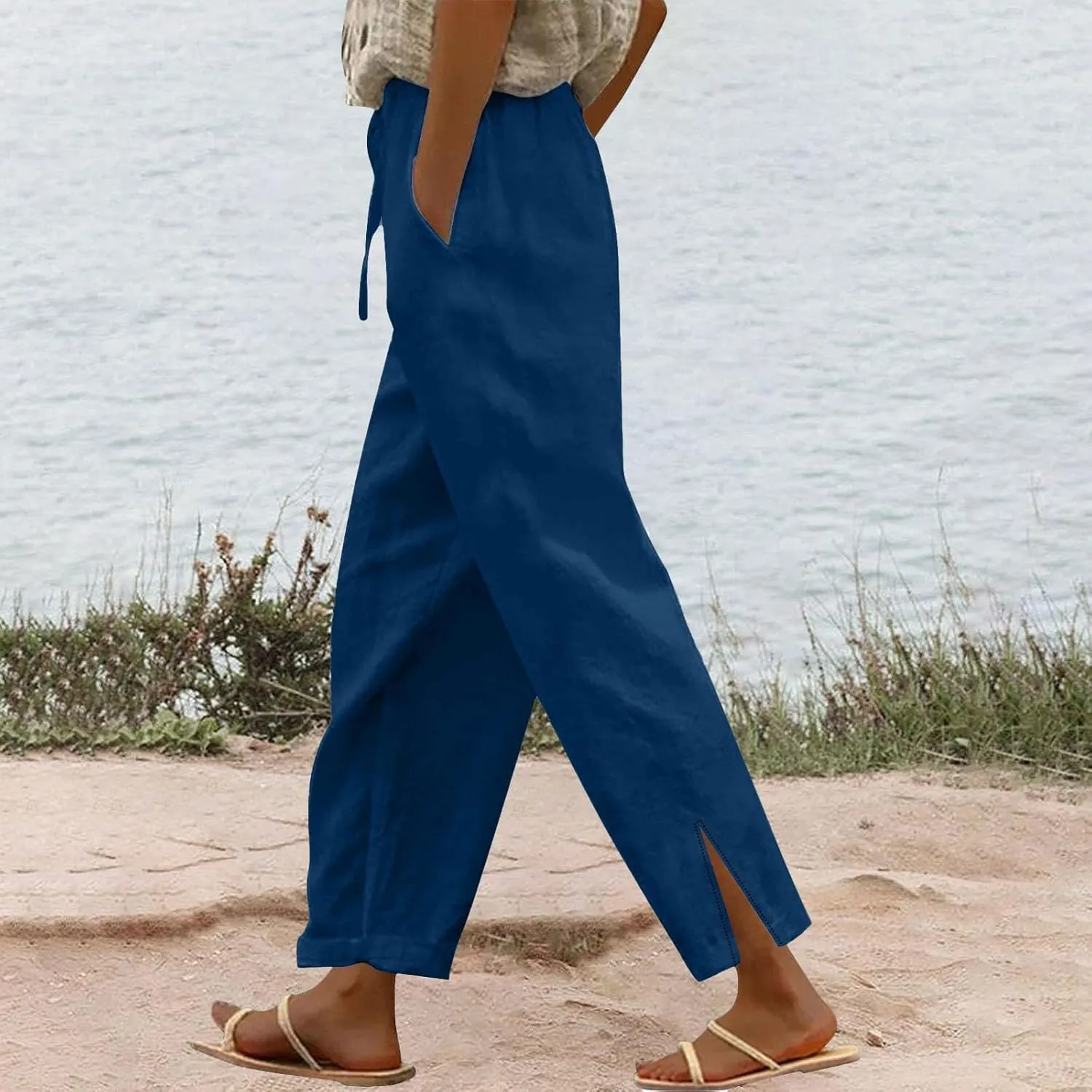 GOKKILRW Womens Linen Pants with Pockets High Waist Comfy Hippie Gauze Pants Casual Lightweight Loose Beach Vacation Trousers