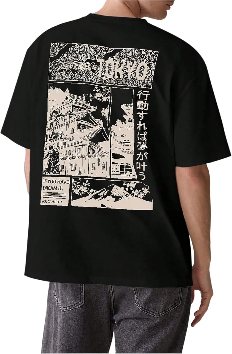 GORGLITTER Men's Japanese Letter Graphic Tee Top Oversized Short Sleeve Casual Aesthetic Print T-Shirt Black and Khaki XX-Large