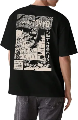 GORGLITTER Men's Japanese Letter Graphic Tee Top Oversized Short Sleeve Casual Aesthetic Print T-Shirt Black and Khaki XX-Large