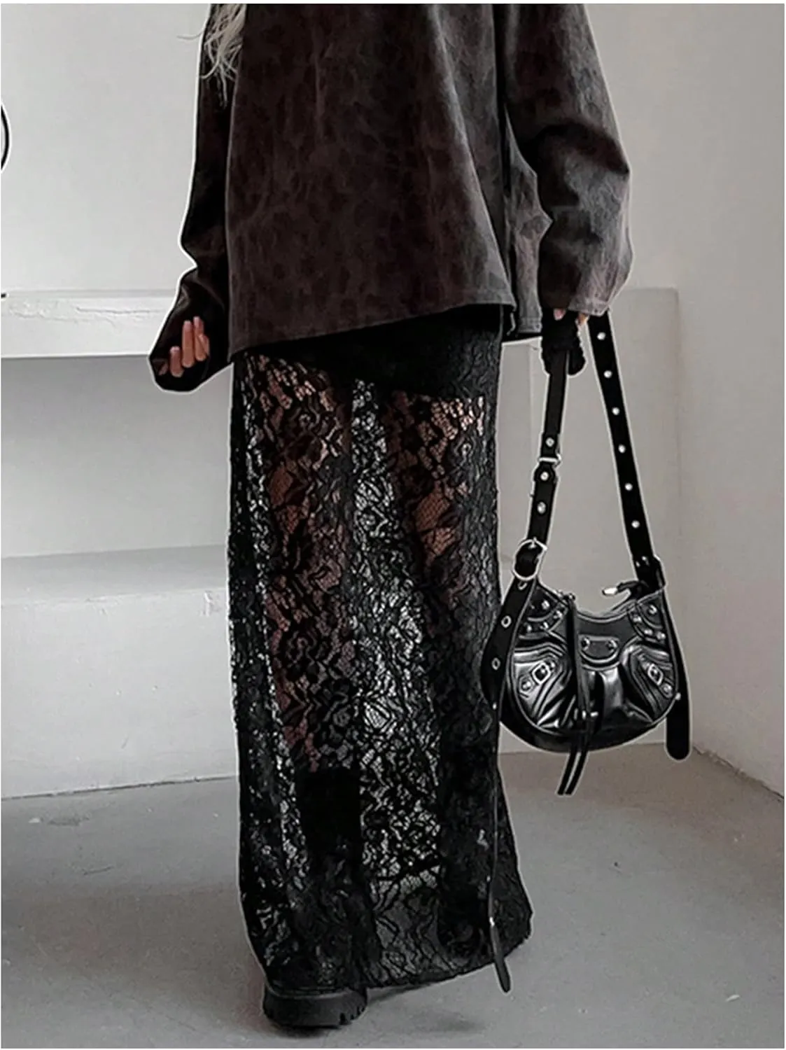 GORGLITTER Women's Lace Goth Bodycon Maxi Skirts Y2K High Waisted Sheer See Through Gothic Long Skirts