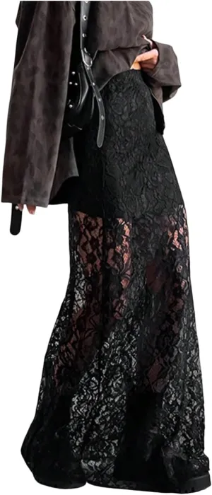 GORGLITTER Women's Lace Goth Bodycon Maxi Skirts Y2K High Waisted Sheer See Through Gothic Long Skirts