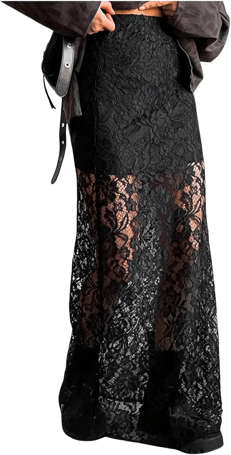 GORGLITTER Women's Lace Goth Bodycon Maxi Skirts Y2K High Waisted Sheer See Through Gothic Long Skirts