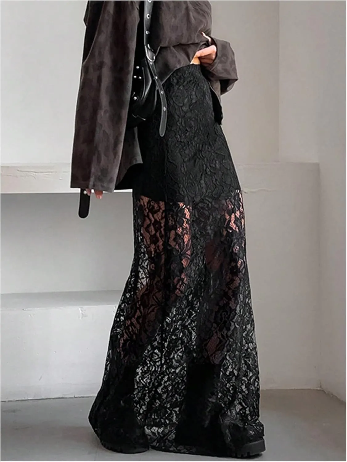 GORGLITTER Women's Lace Goth Bodycon Maxi Skirts Y2K High Waisted Sheer See Through Gothic Long Skirts
