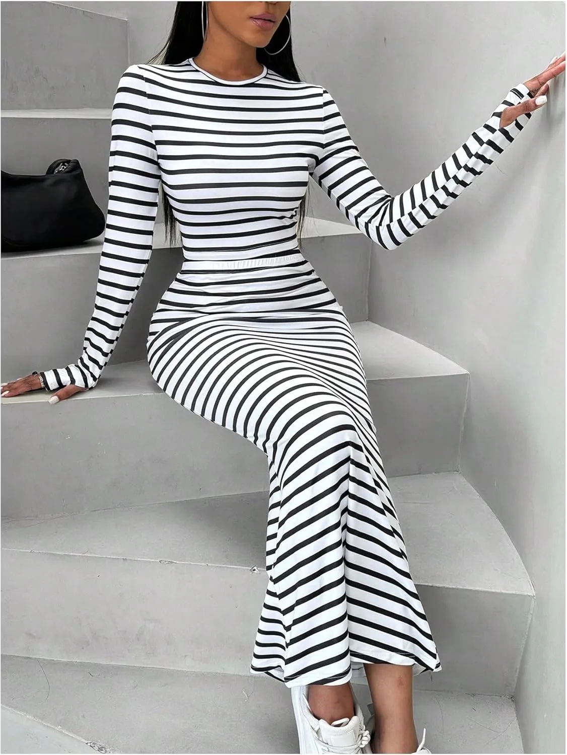 GORGLITTER Women's Two Piece Skirt Set Striped Long Sleeve Crop Tee Tops High Waisted Flare Hem Maxi Skirts