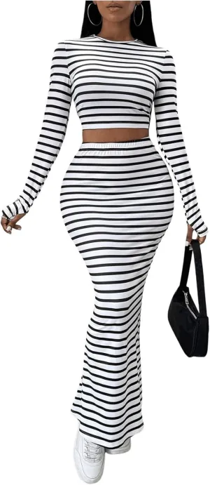 GORGLITTER Women's Two Piece Skirt Set Striped Long Sleeve Crop Tee Tops High Waisted Flare Hem Maxi Skirts