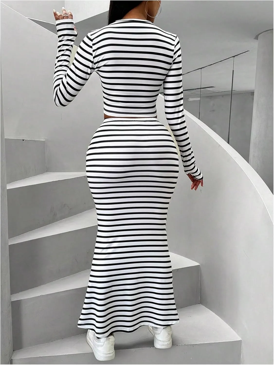 GORGLITTER Women's Two Piece Skirt Set Striped Long Sleeve Crop Tee Tops High Waisted Flare Hem Maxi Skirts