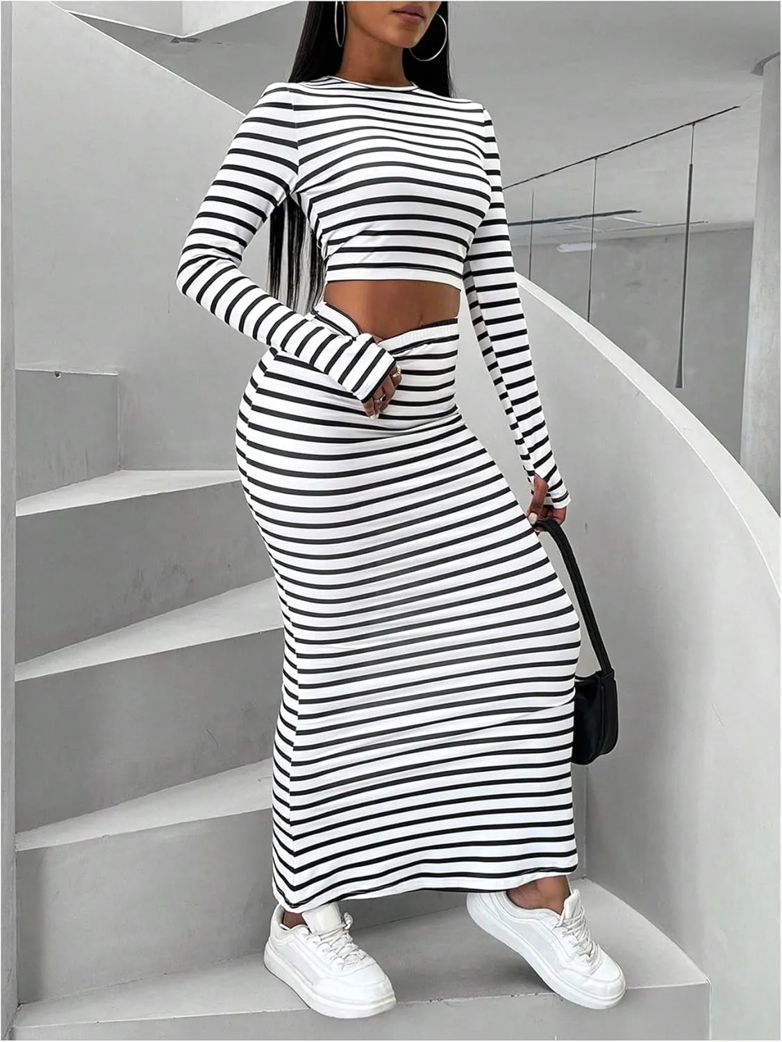 GORGLITTER Women's Two Piece Skirt Set Striped Long Sleeve Crop Tee Tops High Waisted Flare Hem Maxi Skirts