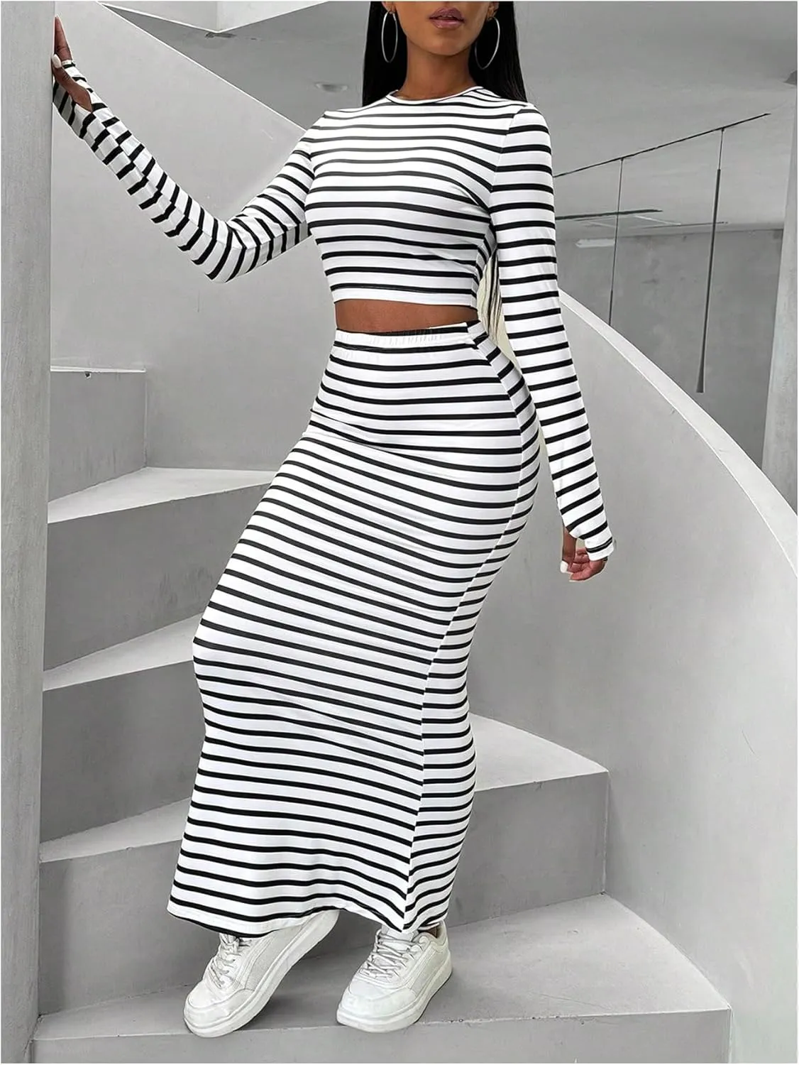 GORGLITTER Women's Two Piece Skirt Set Striped Long Sleeve Crop Tee Tops High Waisted Flare Hem Maxi Skirts