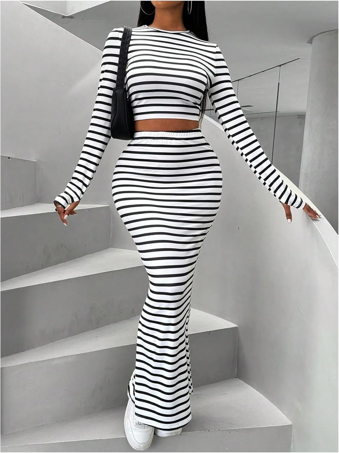 GORGLITTER Women's Two Piece Skirt Set Striped Long Sleeve Crop Tee Tops High Waisted Flare Hem Maxi Skirts