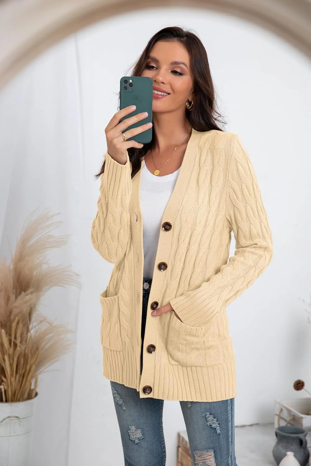 GRECERELLE Women's Long Sleeve Loose Knit Cable Open Front Button Down Cardigan Sweater Outerwear Coat with Pockets