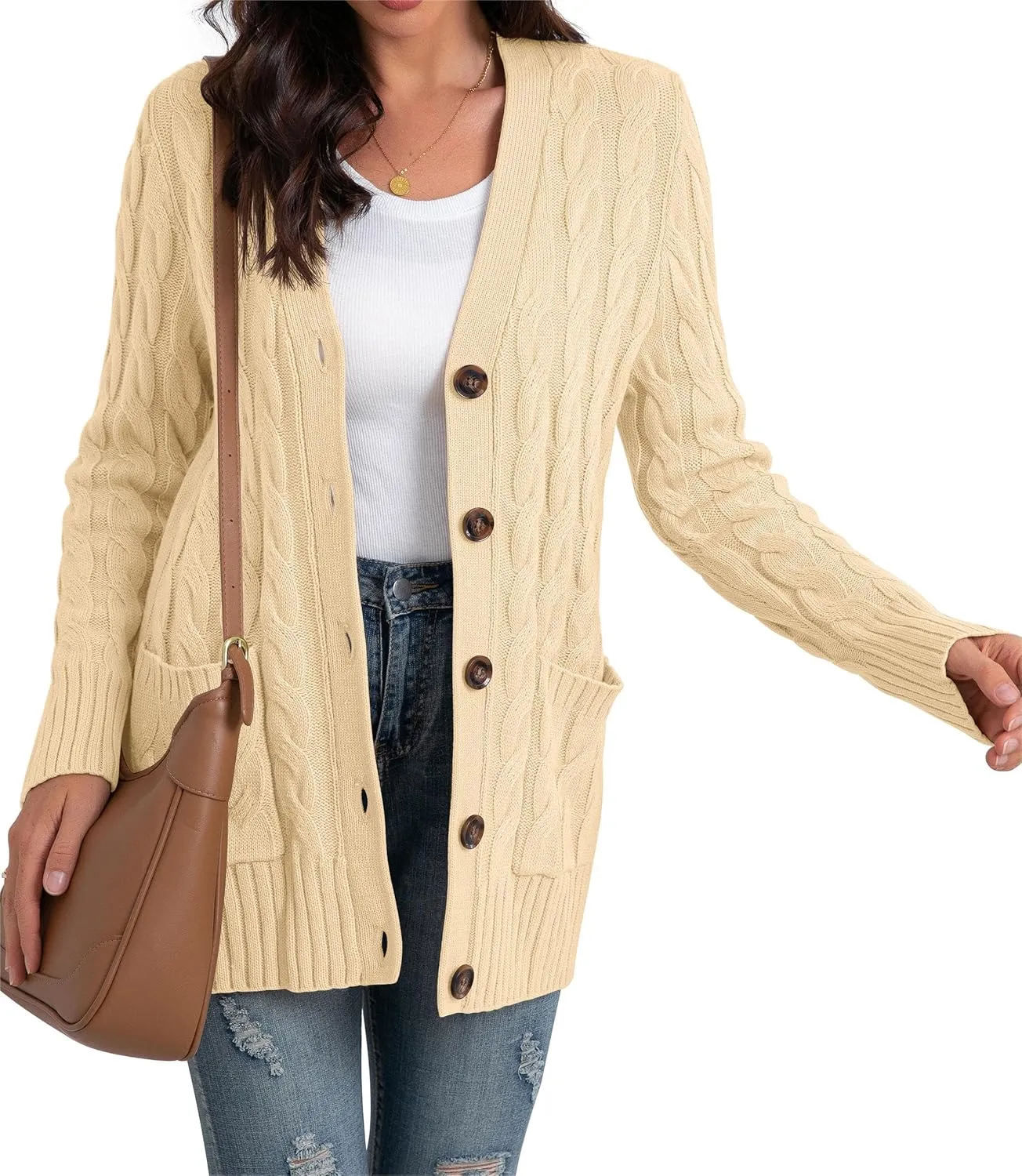 GRECERELLE Women's Long Sleeve Loose Knit Cable Open Front Button Down Cardigan Sweater Outerwear Coat with Pockets