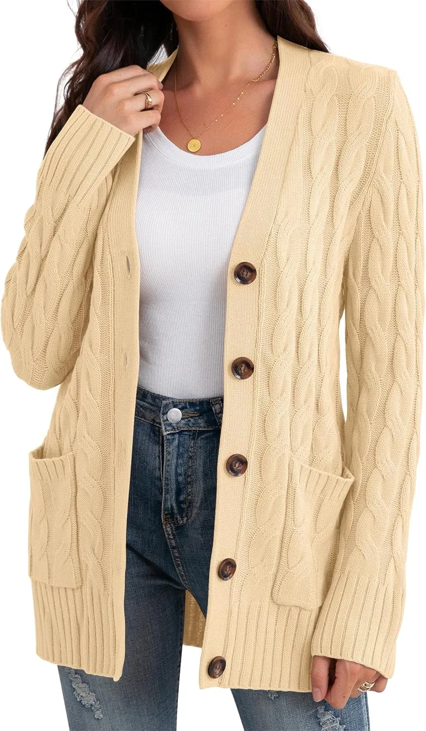 GRECERELLE Women's Long Sleeve Loose Knit Cable Open Front Button Down Cardigan Sweater Outerwear Coat with Pockets
