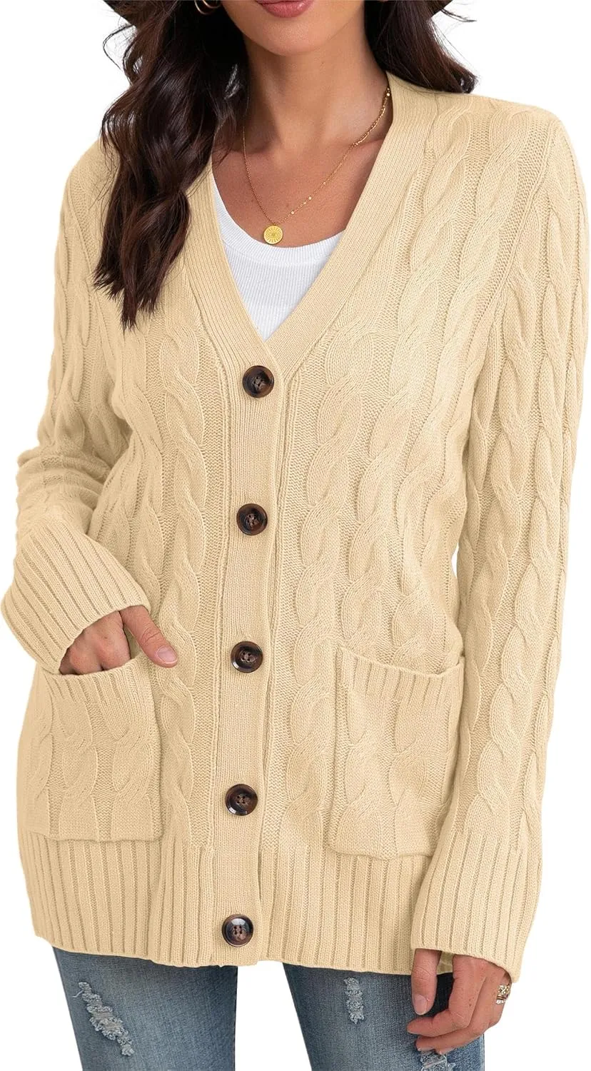 GRECERELLE Women's Long Sleeve Loose Knit Cable Open Front Button Down Cardigan Sweater Outerwear Coat with Pockets