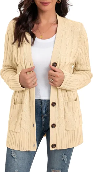 GRECERELLE Women's Long Sleeve Loose Knit Cable Open Front Button Down Cardigan Sweater Outerwear Coat with Pockets
