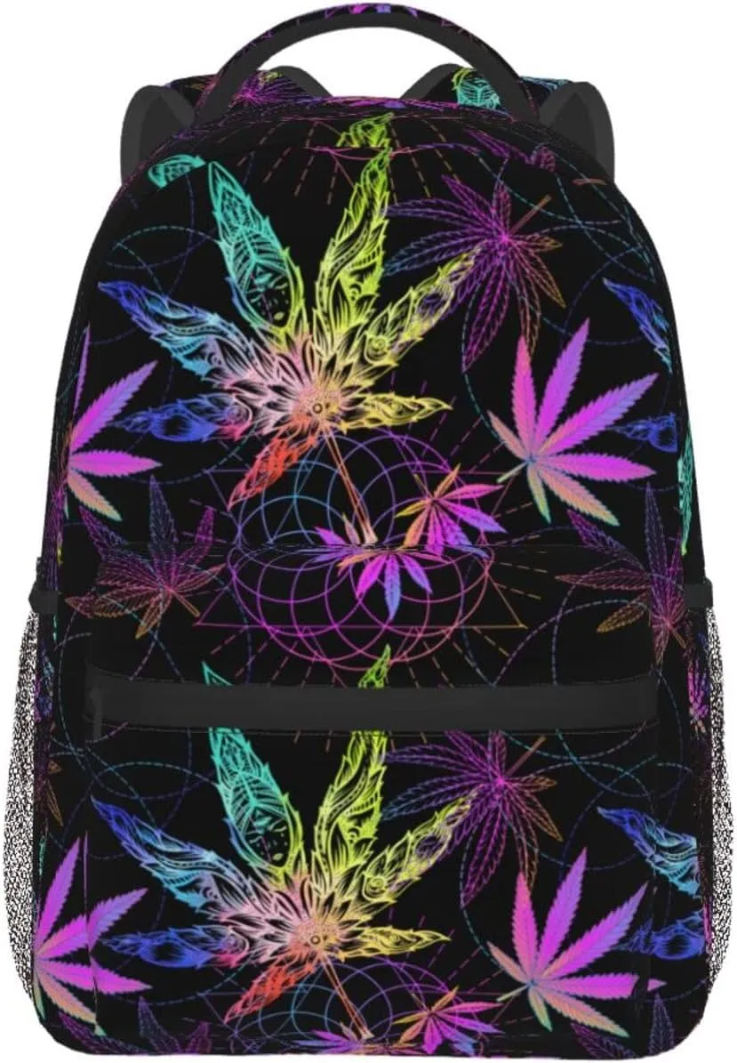 Green Weed Leaves Vector Fluorescent Colors Backpack Laptop Backpack Sports Travel Shoulder bag Light casual backpack