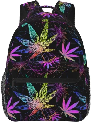 Green Weed Leaves Vector Fluorescent Colors Backpack Laptop Backpack Sports Travel Shoulder bag Light casual backpack