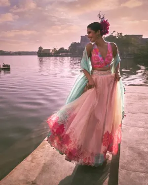 Gul Pastel Pink Floral Lahenga Set
