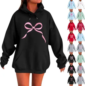 Gumipy Oversized Hoodies for Women Fleece Lined Bow Graphic Hoodies Sweatshirts Y2K Drawstring Long Sleeve Hoodies Pullover