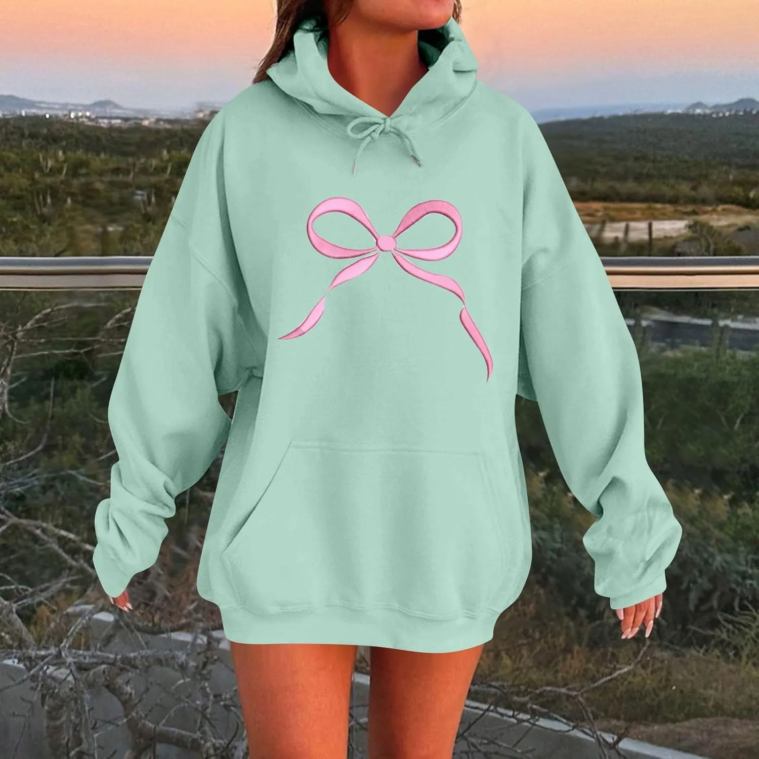 Gumipy Oversized Hoodies for Women Fleece Lined Bow Graphic Hoodies Sweatshirts Y2K Drawstring Long Sleeve Hoodies Pullover
