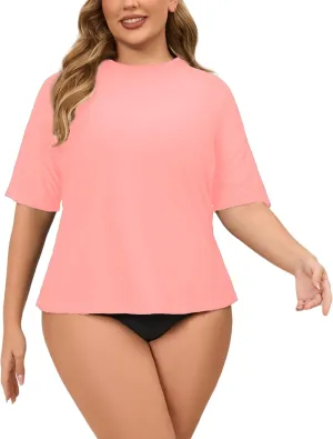 Halcurt Women's Plus Size Short Sleeve Rash Guard Swim Shirts Top Only Loose Fit Swim Tee UPF50  Swimsuit