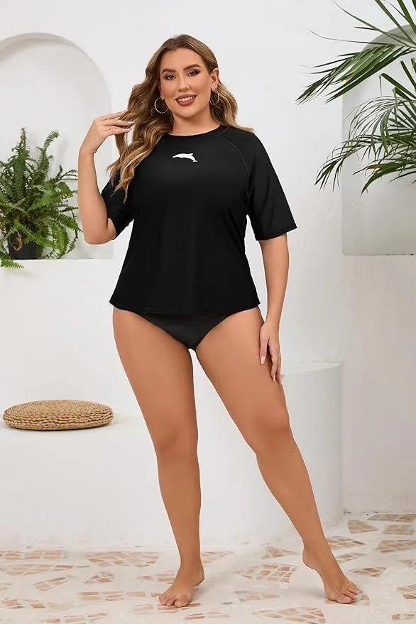 Halcurt Women's Plus Size Short Sleeve Rash Guard Swim Shirts Top Only Loose Fit Swim Tee UPF50  Swimsuit