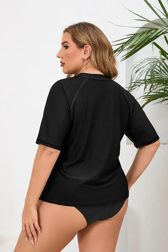 Halcurt Women's Plus Size Short Sleeve Rash Guard Swim Shirts Top Only Loose Fit Swim Tee UPF50  Swimsuit