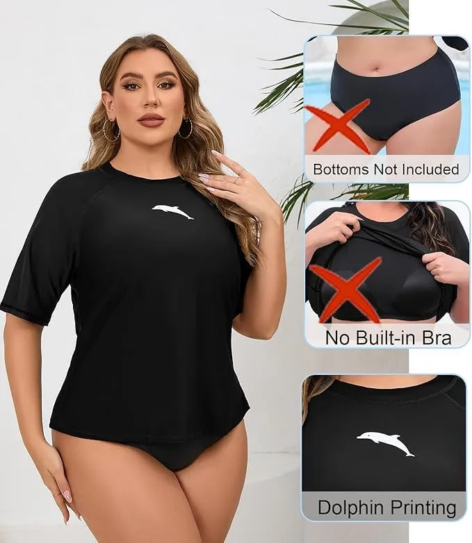 Halcurt Women's Plus Size Short Sleeve Rash Guard Swim Shirts Top Only Loose Fit Swim Tee UPF50  Swimsuit