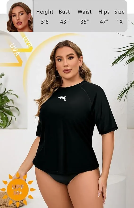 Halcurt Women's Plus Size Short Sleeve Rash Guard Swim Shirts Top Only Loose Fit Swim Tee UPF50  Swimsuit