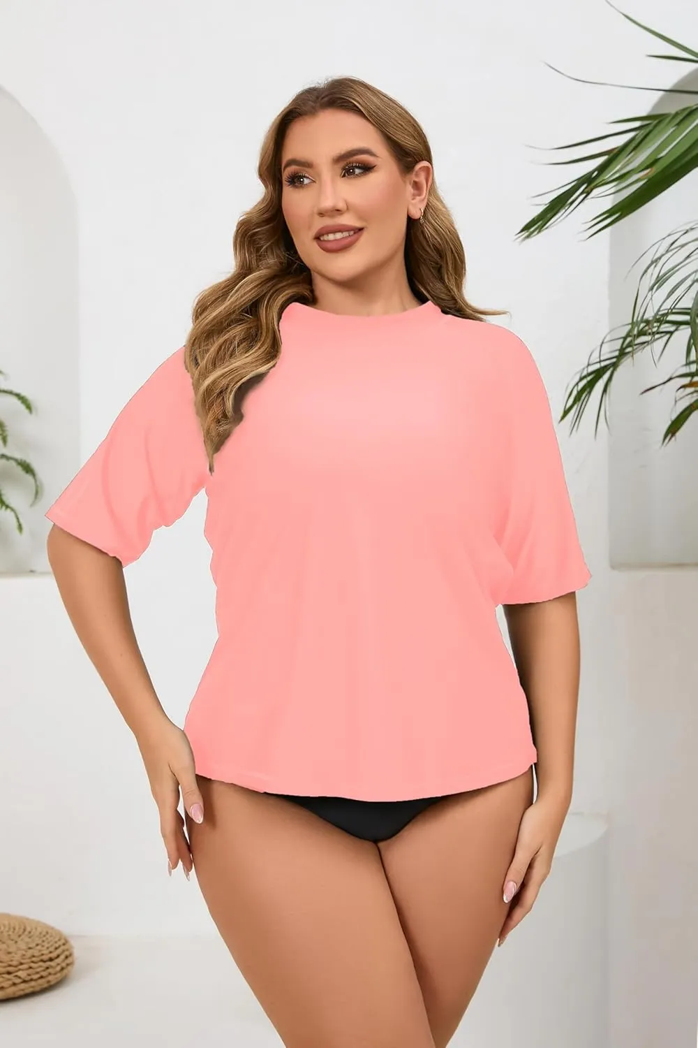 Halcurt Women's Plus Size Short Sleeve Rash Guard Swim Shirts Top Only Loose Fit Swim Tee UPF50  Swimsuit