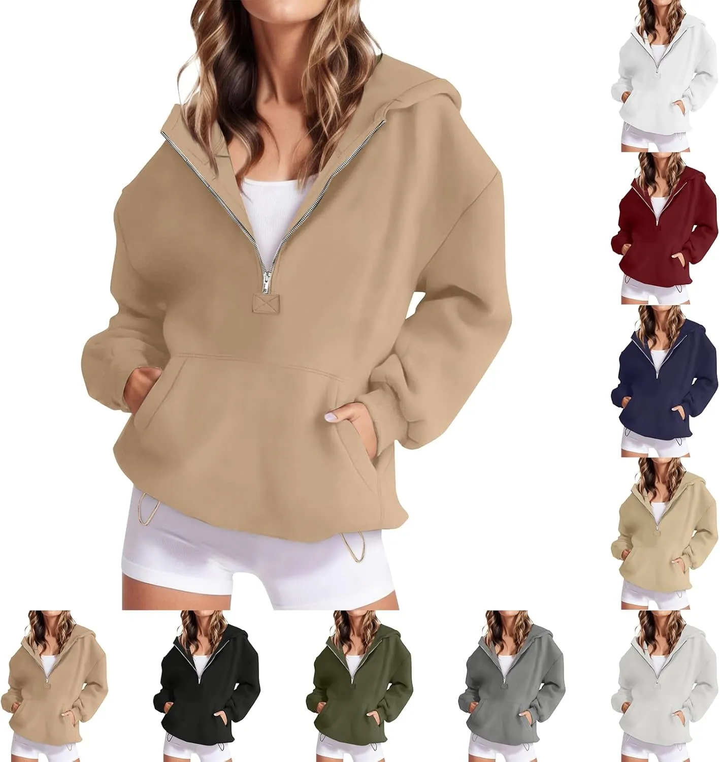 Half Zip Pullover Women Trendy Fleece Quarter Zip Y2k Hoodie Drop Shoulder Baggy Comfy Oversized Sweatshirt w/Pockets