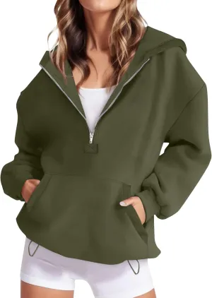 Half Zip Pullover Women Trendy Fleece Quarter Zip Y2k Hoodie Drop Shoulder Baggy Comfy Oversized Sweatshirt w/Pockets