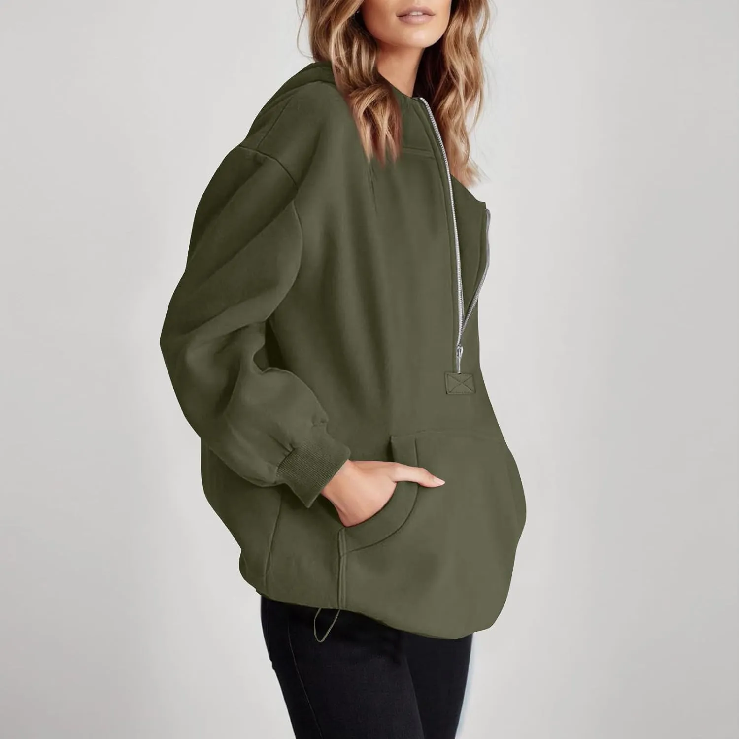 Half Zip Pullover Women Trendy Fleece Quarter Zip Y2k Hoodie Drop Shoulder Baggy Comfy Oversized Sweatshirt w/Pockets