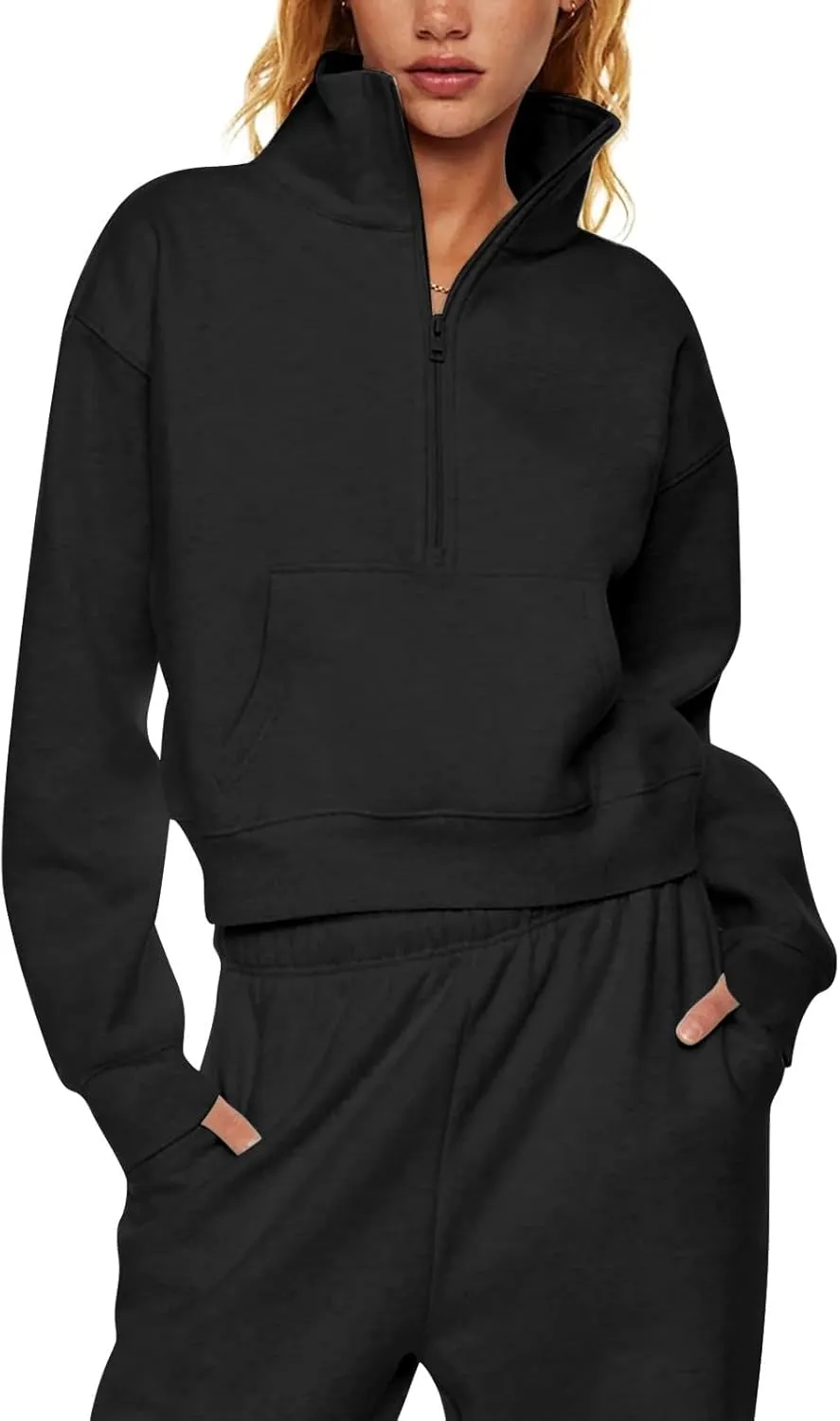 Half Zip Sweatshirt Women Cropped Oversized Fleece Pullover Zipped Thumb Hole Cute Sweatshirts with Pockets