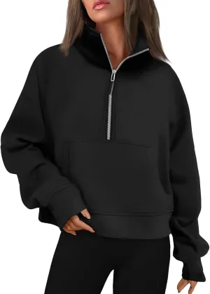 Half Zip Sweatshirt Women Cropped Oversized Fleece Pullover Zipped Thumb Hole Cute Sweatshirts with Pockets