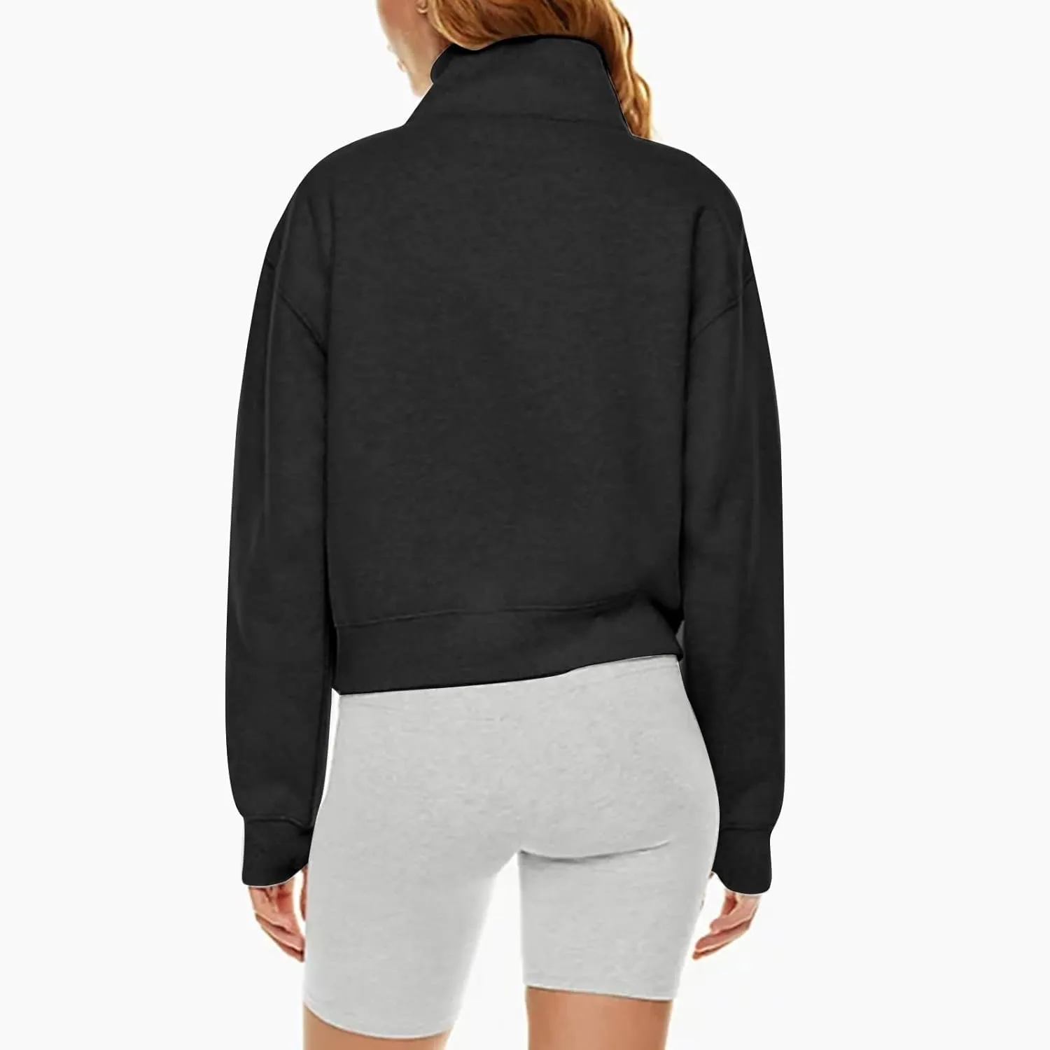 Half Zip Sweatshirt Women Cropped Oversized Fleece Pullover Zipped Thumb Hole Cute Sweatshirts with Pockets