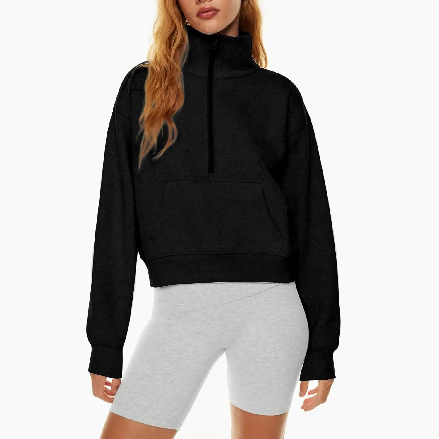 Half Zip Sweatshirt Women Cropped Oversized Fleece Pullover Zipped Thumb Hole Cute Sweatshirts with Pockets