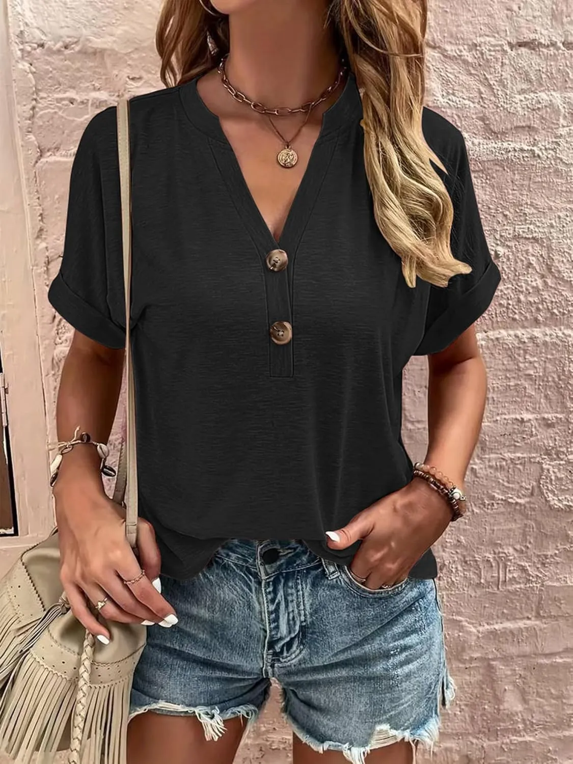 Halife Women's Casual Short Sleeve T Shirts Summer Button V Neck Tops Loose Fit Tee Shirt Blouse