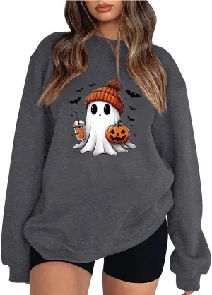 Halloween Sweatshirts for Women Long Sleeve Crewneck Cute Spooky Pullover Tops Oversized Halloween Ghost Shirt