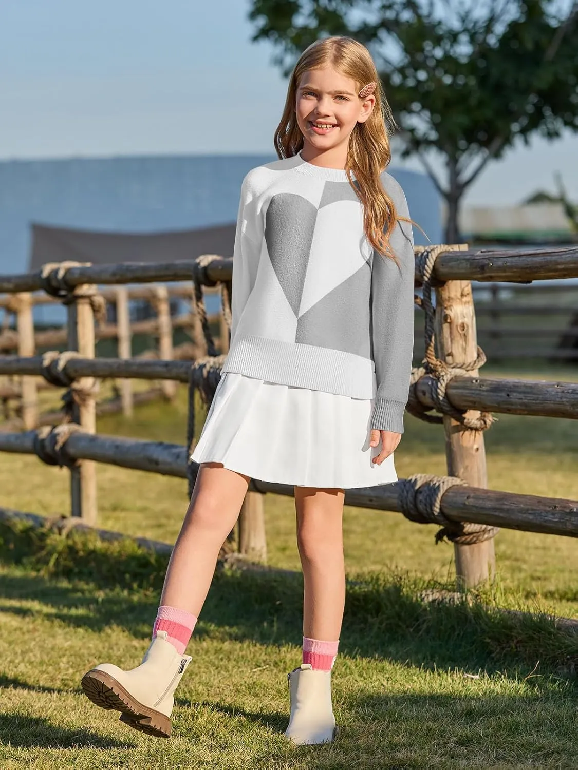 Haloumoning Girls Heart Sweater Kids Cute Color Block Knit Sweaters 7-14 Years