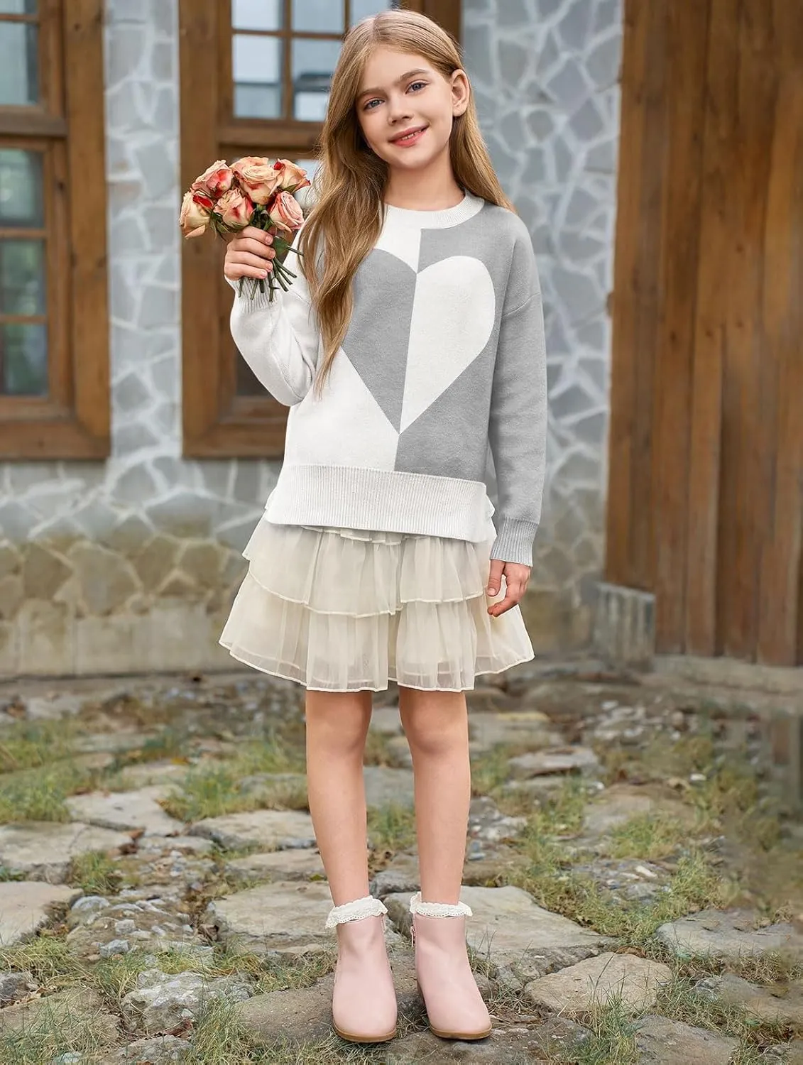 Haloumoning Girls Heart Sweater Kids Cute Color Block Knit Sweaters 7-14 Years