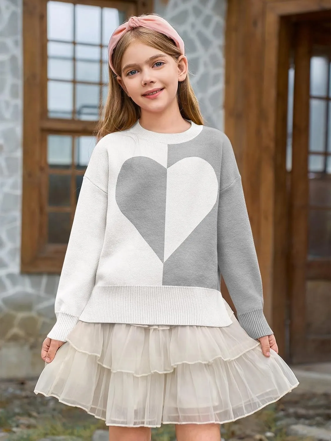 Haloumoning Girls Heart Sweater Kids Cute Color Block Knit Sweaters 7-14 Years
