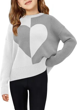 Haloumoning Girls Heart Sweater Kids Cute Color Block Knit Sweaters 7-14 Years