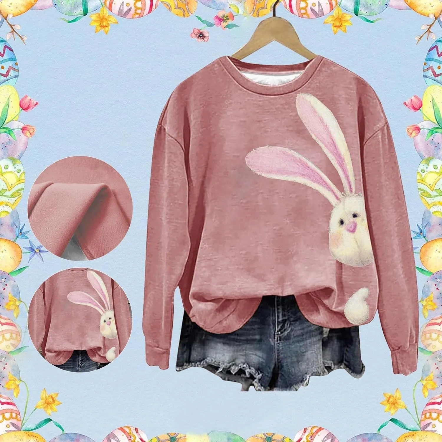 Happy Easter Sweatshirt for Women Cute Bunny Rabbit Graphic Crew Neck Sweat Shirts Trendy Easter Gifts Festival Tops