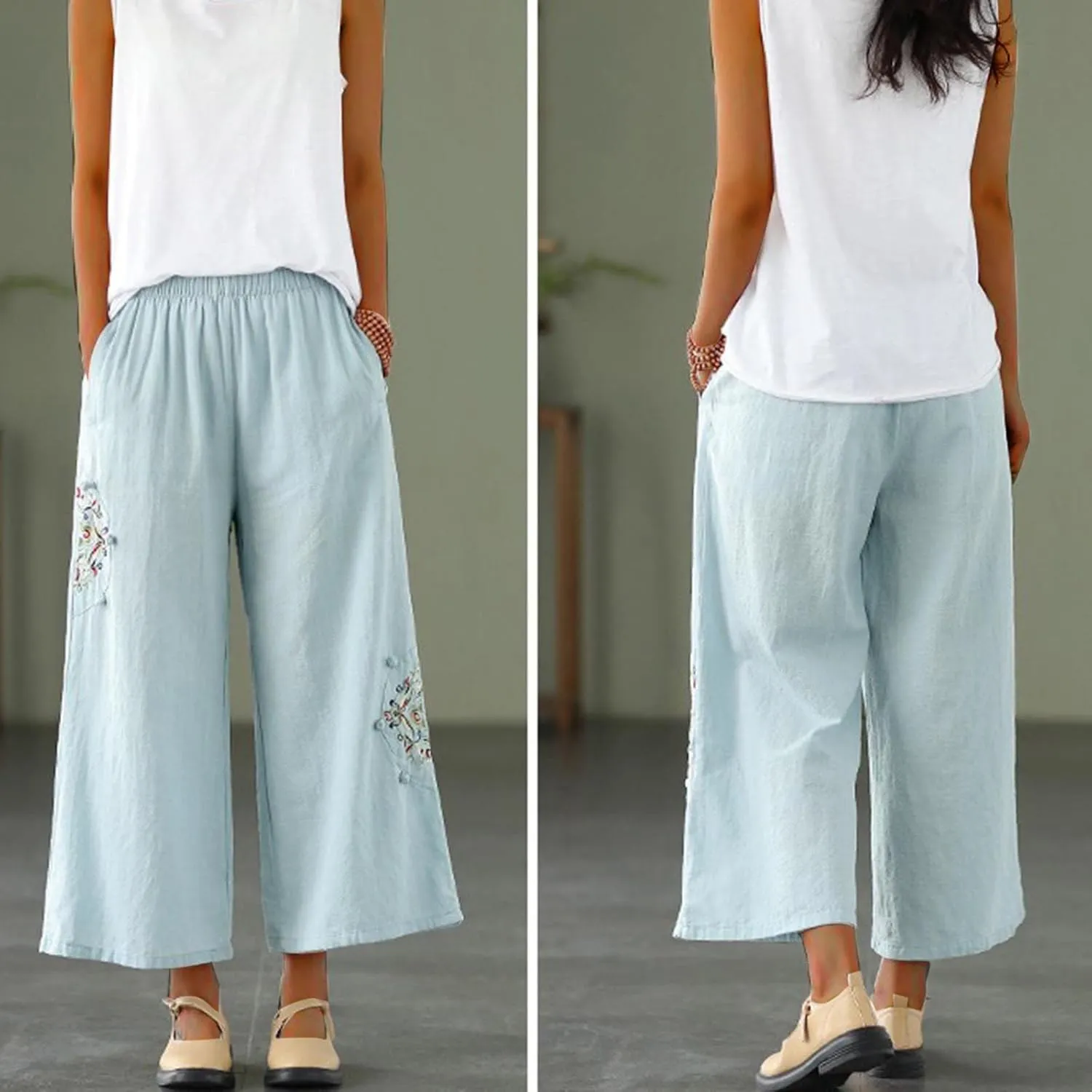 HGps8w Women's Cotton Linen Wide Leg Pants Plus Size Striped Drawstring Elastic High Waist Loose Lounge Trousers with Pockets